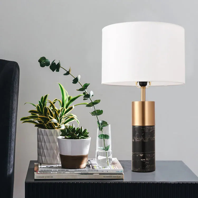 Postmodern marble table lamp with cloth shade, electroplated hardware, E27 cap, 32x55cm, in black or white marble