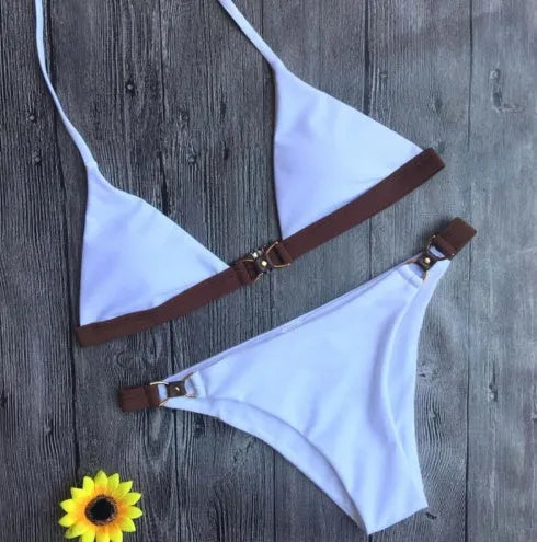 Women's split bikini set in pattern style with pull-through chest padding, polyester fabric