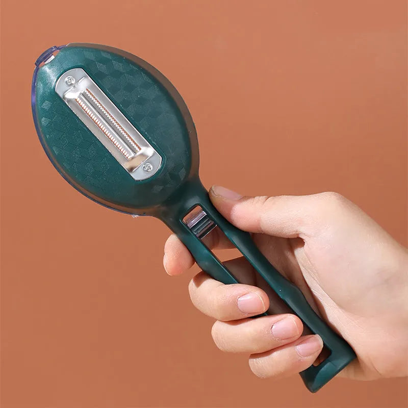Yellow peeling knife with storage lid showing stainless steel blade and polypropylene handle
