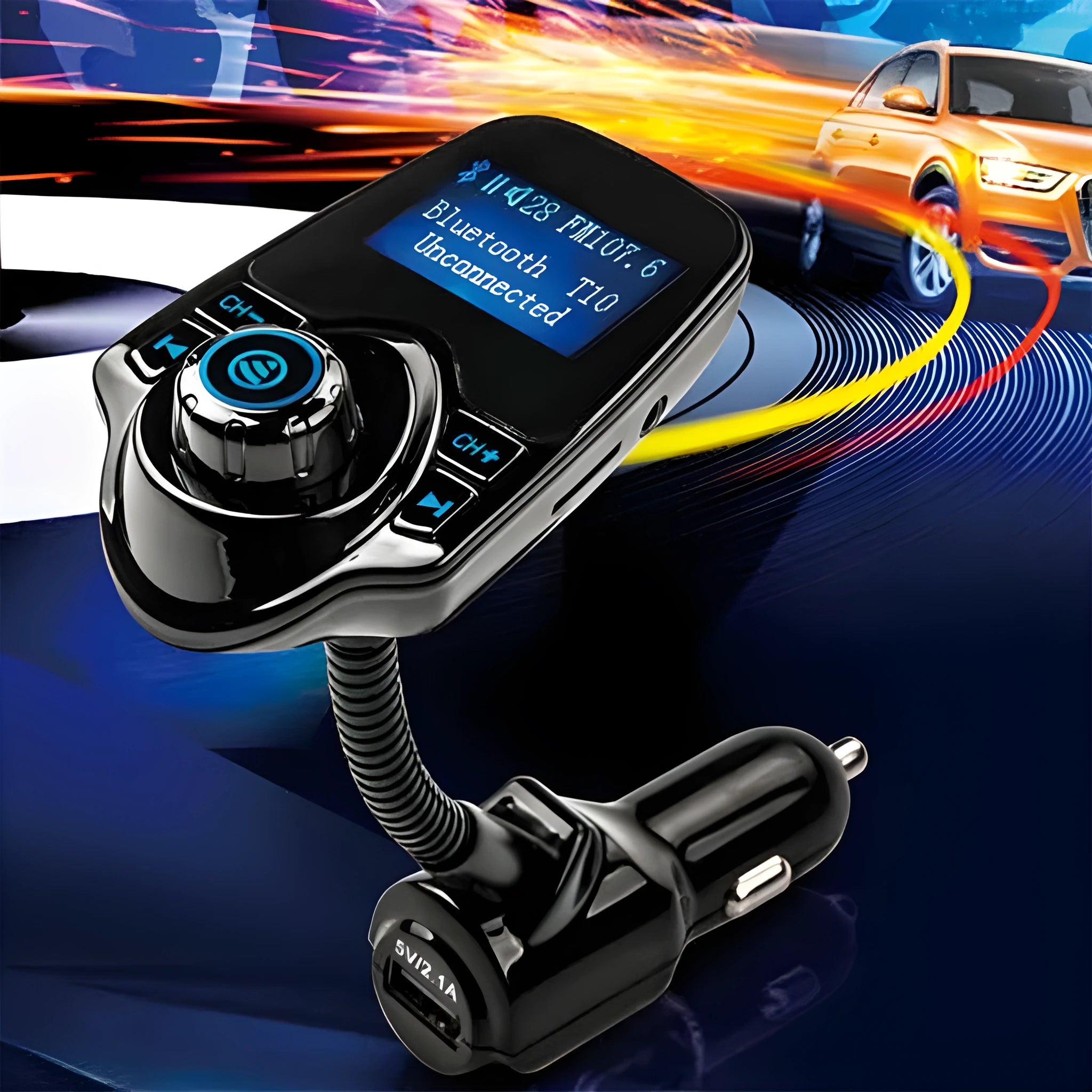 Black Bluetooth player with FM radio and microphone on a table