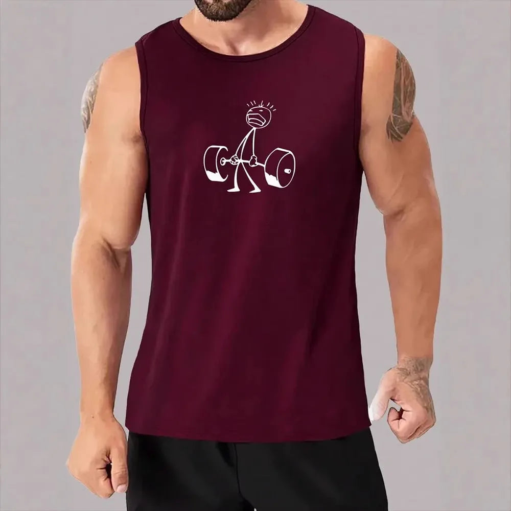 Men's sleeveless polyester vest top with printed graphic, black or dark heather grey, sizes S to XXXXL