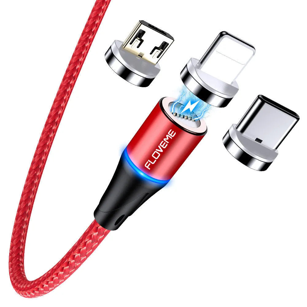 Black 3A fast charge magnetic data cable with 3-in-1 connector for iPhone, Android and Type-C.