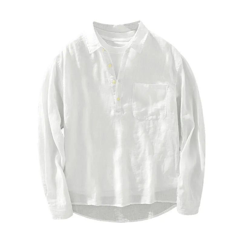Men's Japanese-style long sleeve linen pullover shirt with square collar, fleece lining, white or sapphire blue