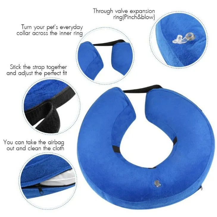 Protective inflatable collar for dogs and cats in blue, cloth and PVC construction, size S to XL