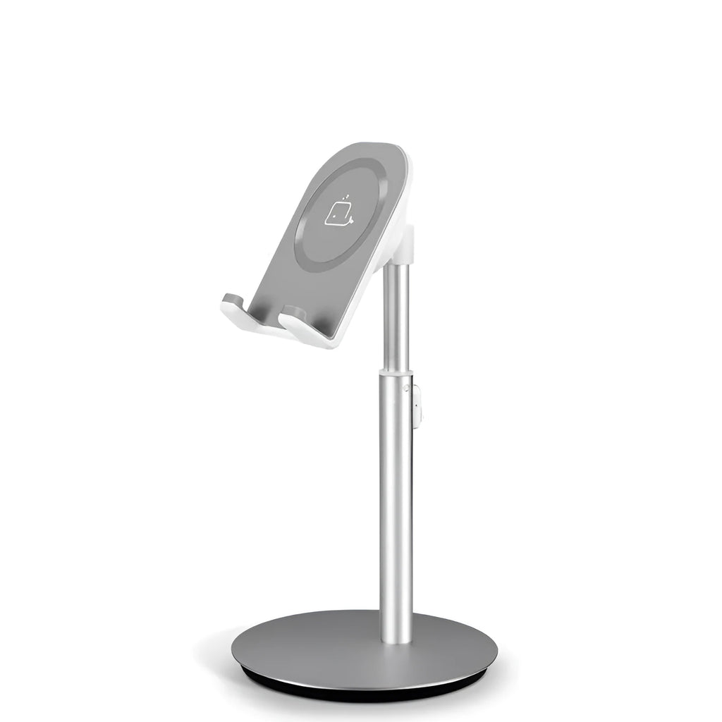 Silver metal computer phone holder desktop stand showing mobile device placement