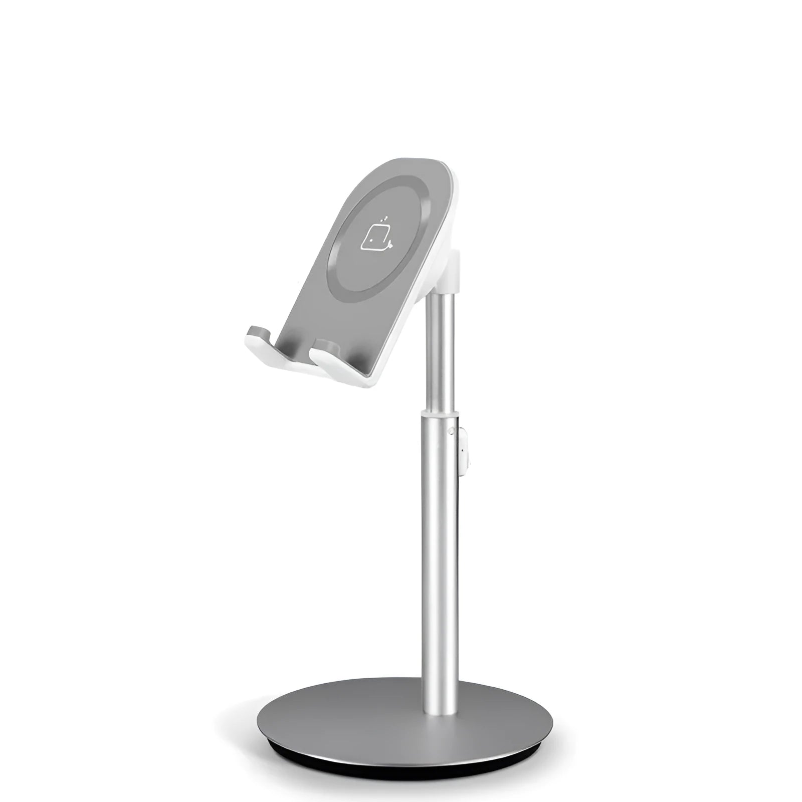 Silver metal computer phone holder desktop stand showing mobile device placement