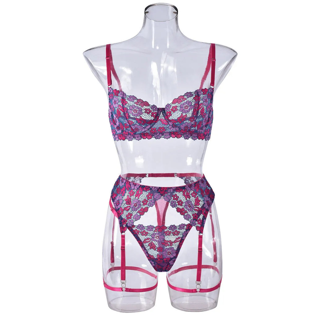 Rose red women's two-piece bikini set with contrast colour panels and fashion embroidery detail.