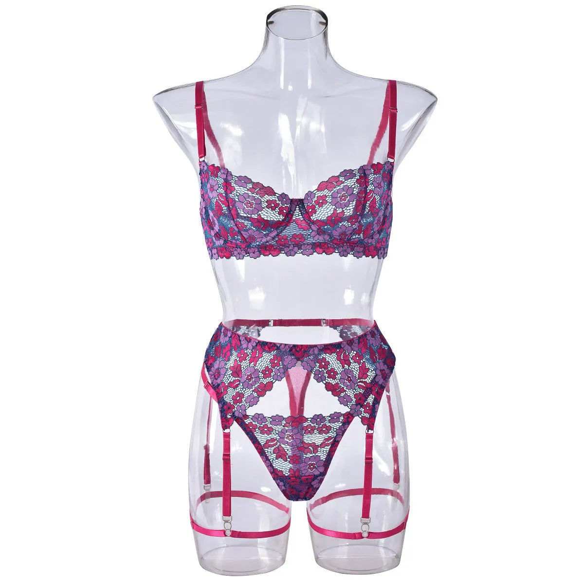 Rose red women's two-piece bikini set with contrast colour panels and fashion embroidery detail.