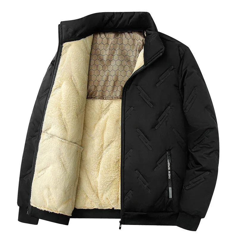 Men's graphene-design winter coat in black, shown front view, with thickened fleece and long sleeves