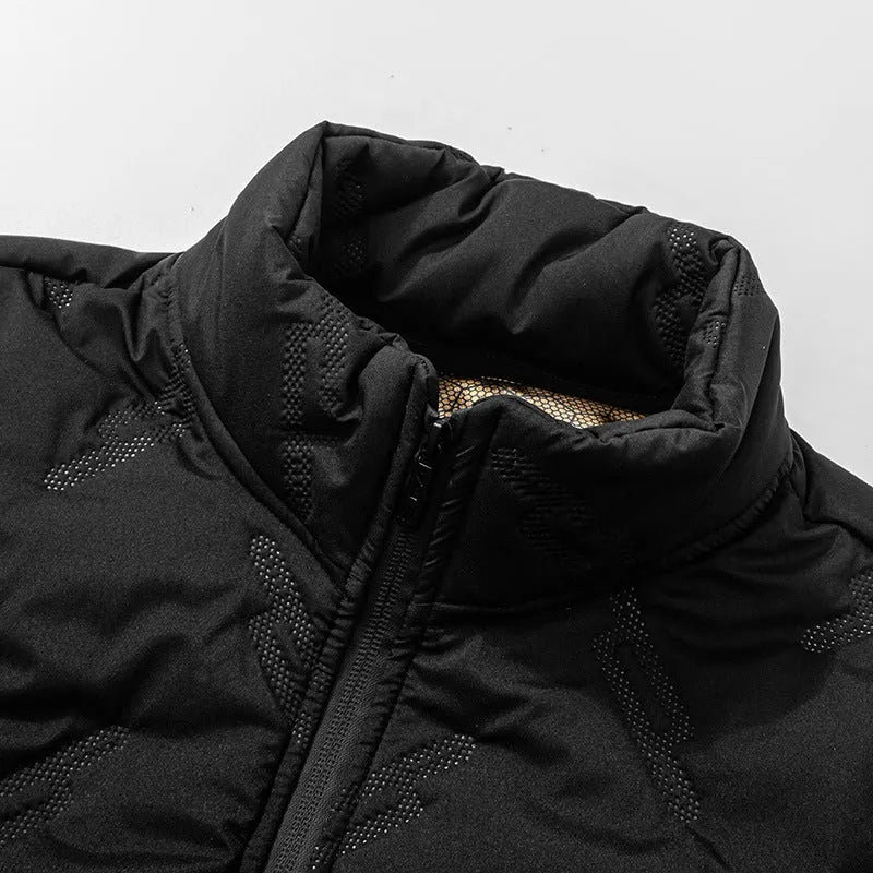 Men's graphene-design winter coat in black, shown front view, with thickened fleece and long sleeves