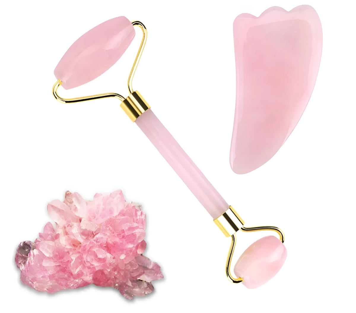 Jade roller massager with rose quartz gua sha stone, dual-sided natural jade facial tool for tension relief and skincare absorption.