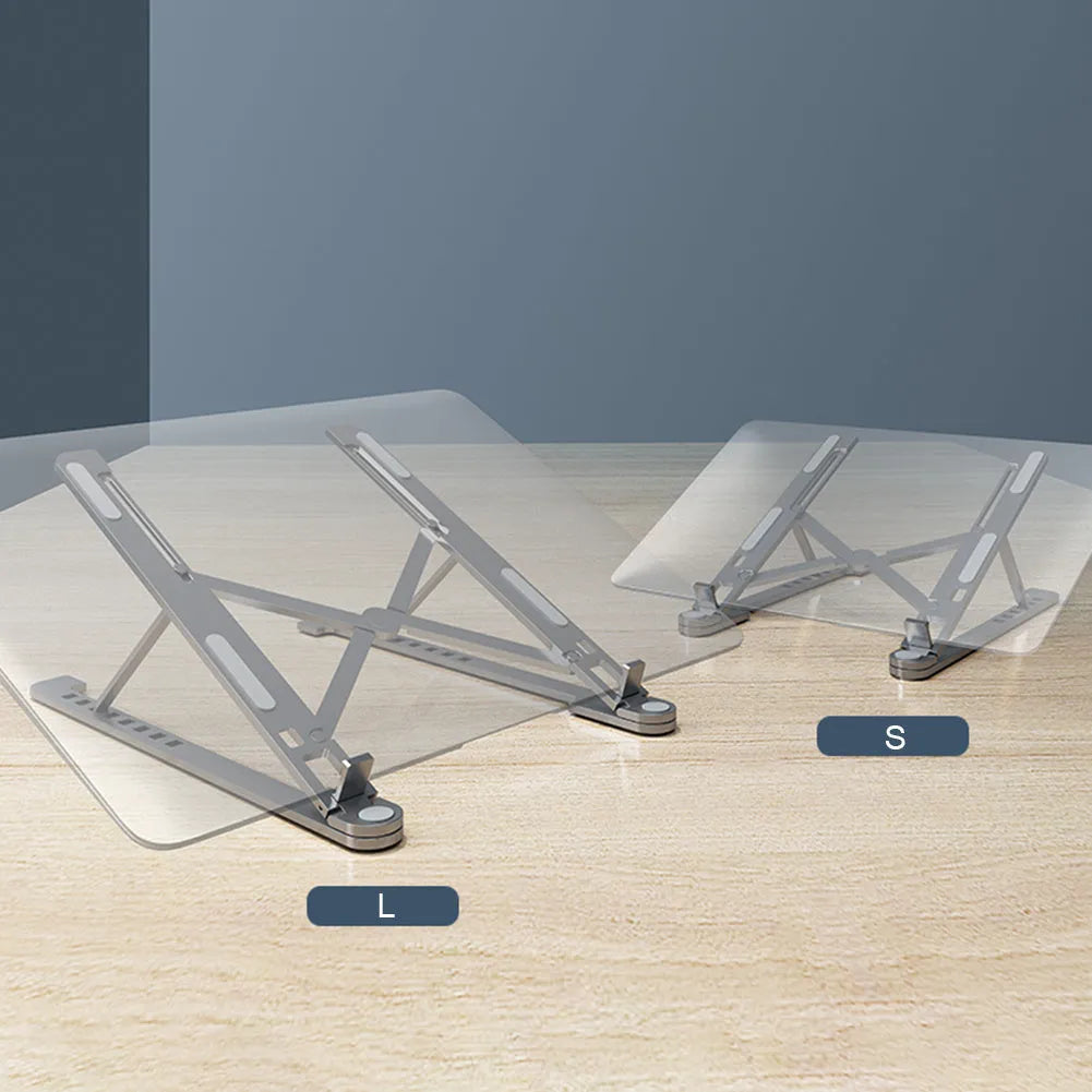 Aluminium foldable laptop stand in silver colour showing adjustable height and compact folded size.