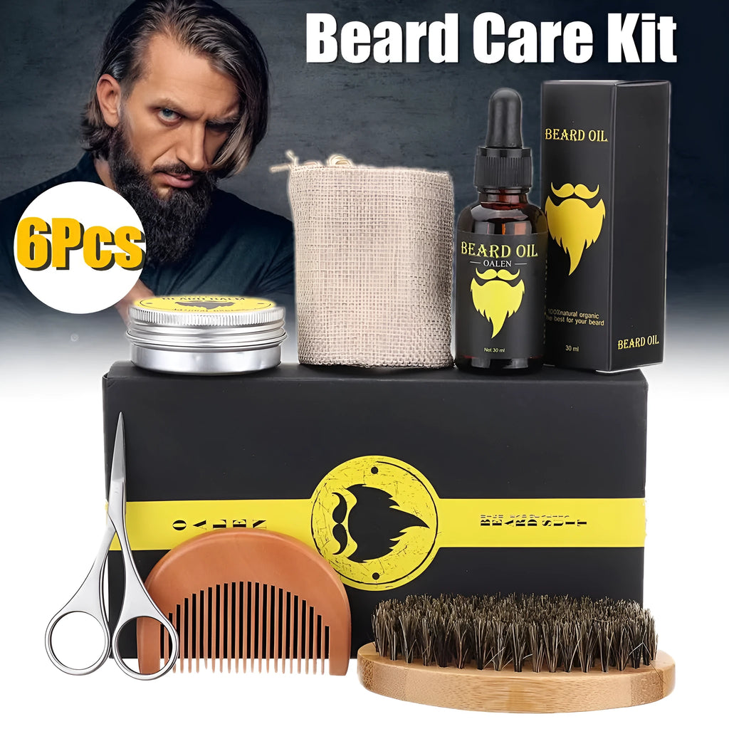 Beard Care Kit 6-piece set with beard cream, beard oil, peach wood comb, bristle brush, scissors, and linen bag on a wooden surface