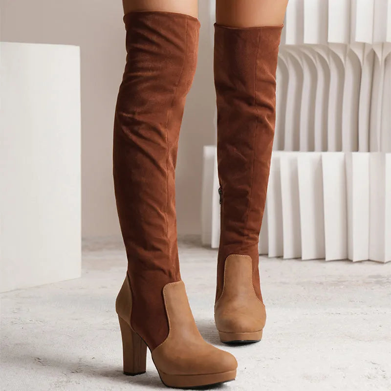 Women's over-the-knee suede boots with high square heel, round toe, black or pink, sheep shearling insole