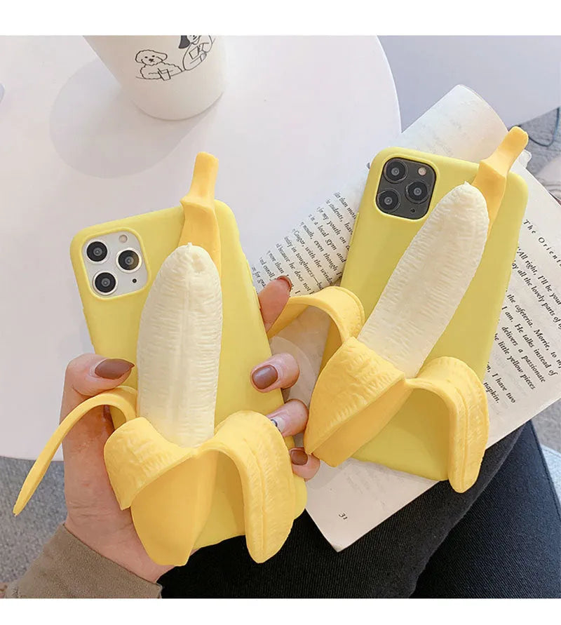 Yellow banana silicone iPhone case with unzip design showing seven protection features
