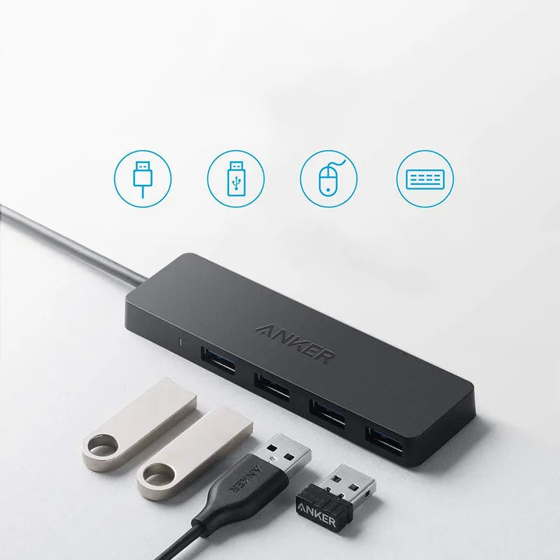 Black Anker USB 3.0 4-port hub with 200mm cable for laptop and desktop computers