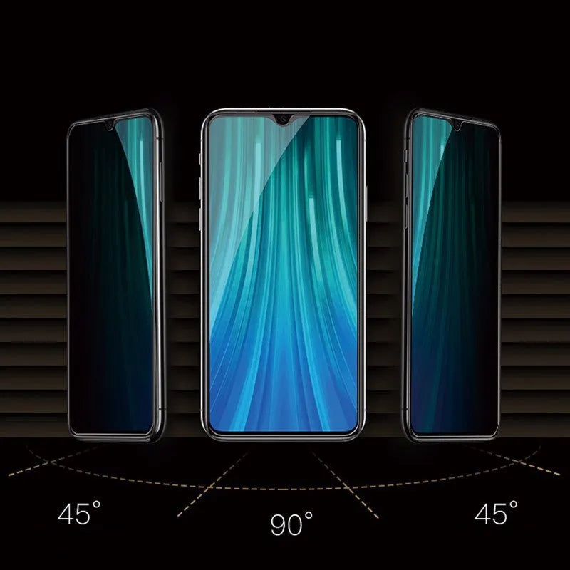 Anti-spy screen protector for Xiaomi Poco and Redmi Note smartphones showing privacy angle effect