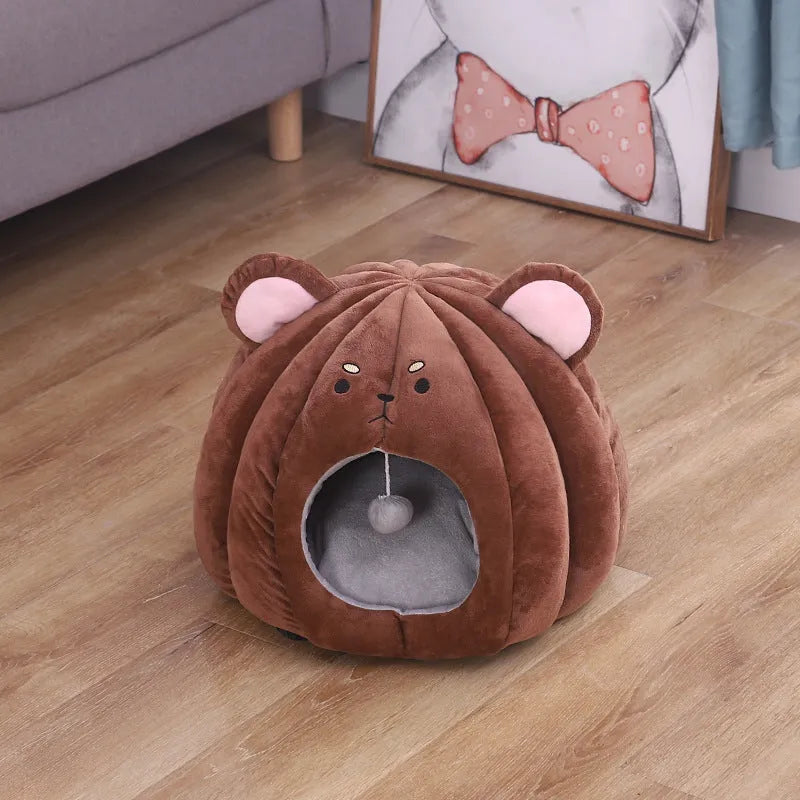 Enclosed cat litter pet nest in Bear colour, made from short plush fabric with PP cotton filling, for small pets