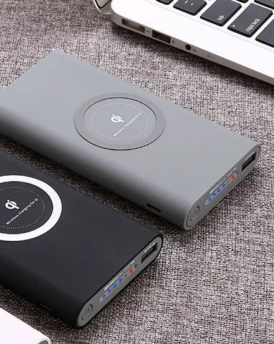 Three in one wireless power bank 10000mAh with USB cable and Qi wireless charging, ABS plastic, Black Gray White