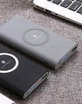 Three in one wireless power bank 10000mAh with USB cable and Qi wireless charging, ABS plastic, Black Gray White