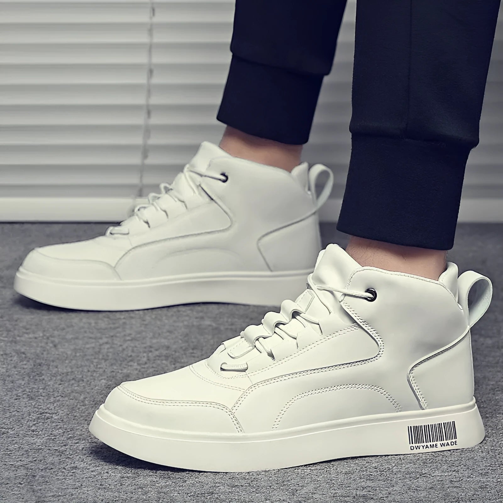 Men's white mid-top casual shoes with rubber soles and front lace-up design