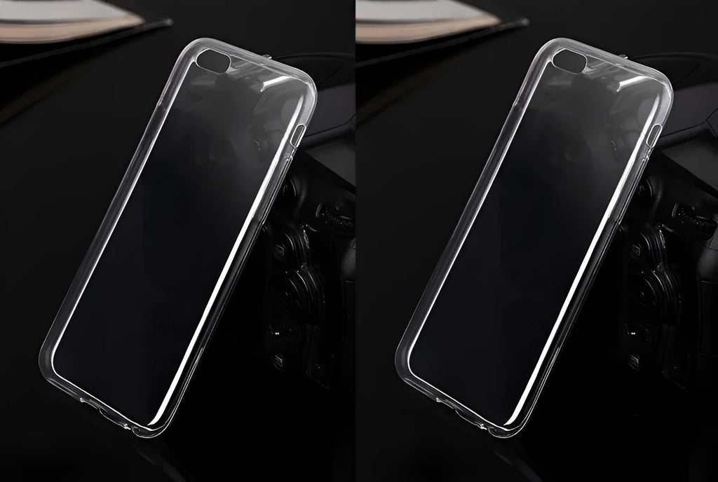 Transparent TPU soft shell mobile phone case for iPhone on a flat surface.
