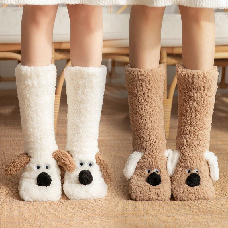 Cozy cartoon dog print socks with soft, plush acrylic material and non-slip grip