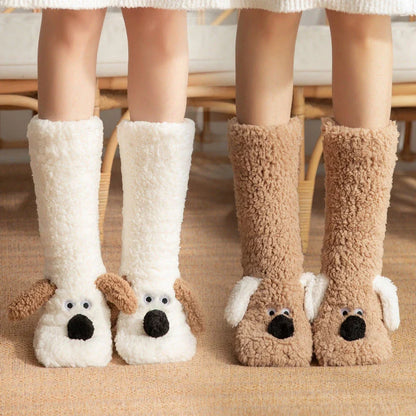 Cozy cartoon dog print socks with soft, plush acrylic material and non-slip grip