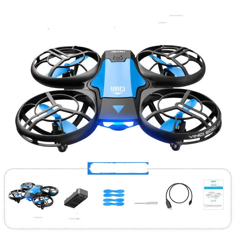 Blue V8 mini RC drone quadcopter with camera, remote control, and charging accessories