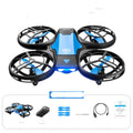 Blue V8 mini RC drone quadcopter with camera, remote control, and charging accessories