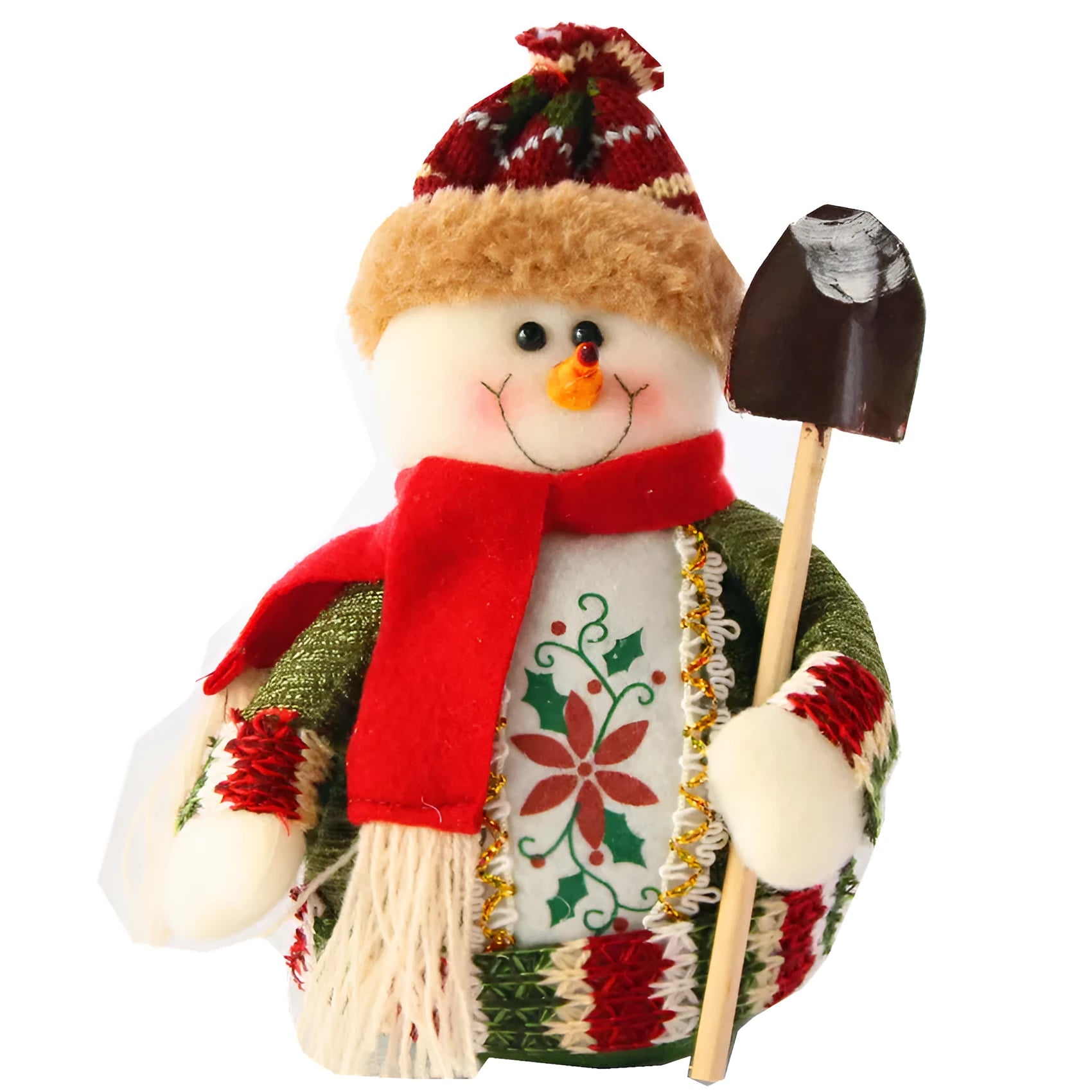 Flannel Christmas decoration figures in red, green, and white colours including snowman, elk, and old man designs