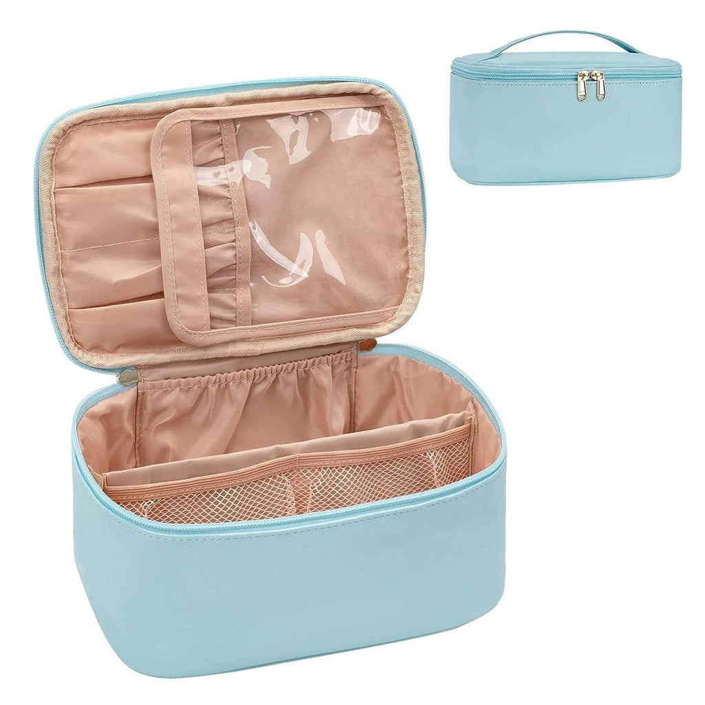 Large capacity black cosmetic bag with cotton outer and nylon lining, ultra light portable handbag for makeup and toiletries