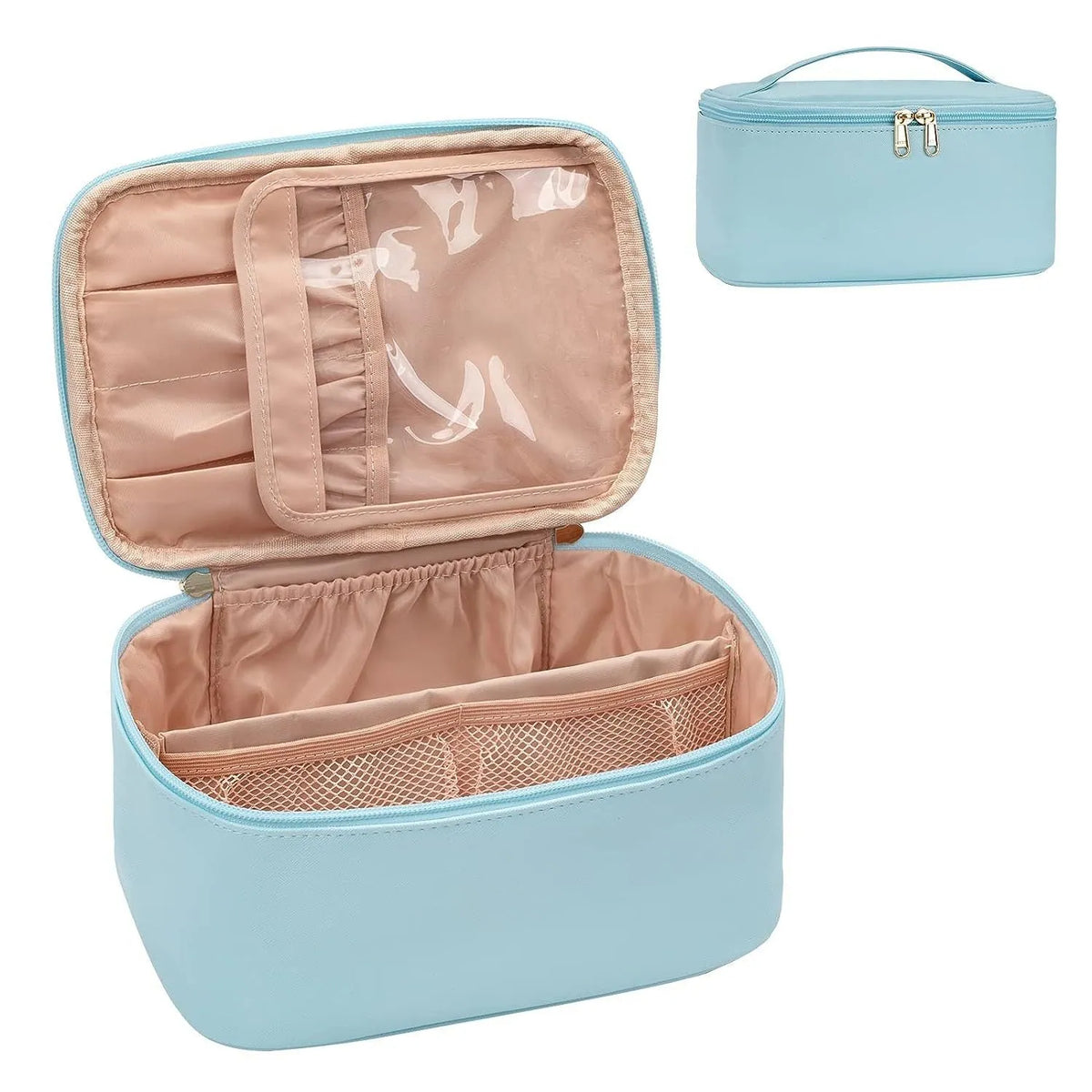Large capacity black cosmetic bag with cotton outer and nylon lining, ultra light portable handbag for makeup and toiletries