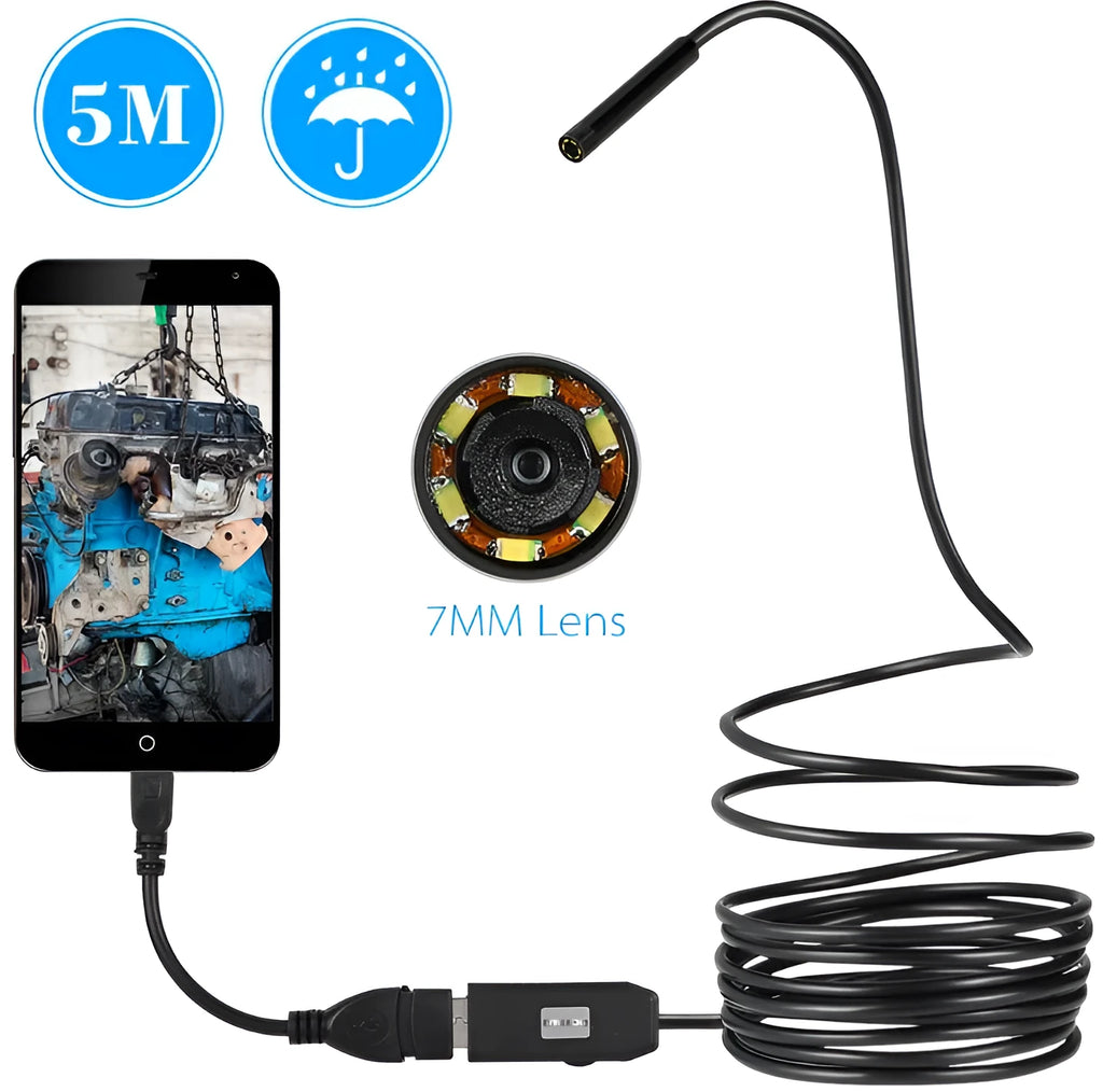 OWSOO USB endoscope camera with 7mm lens, 5m waterproof cable and attachments including hook and magnet