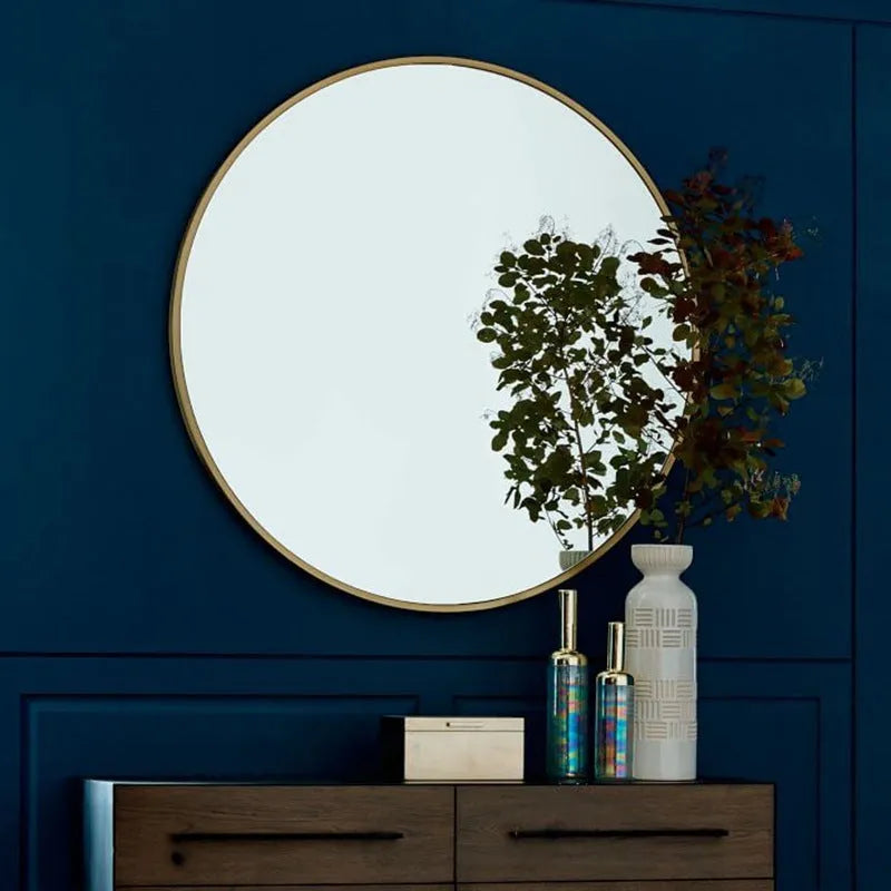 Round metal bathroom wall mirror in black, gold or white colours