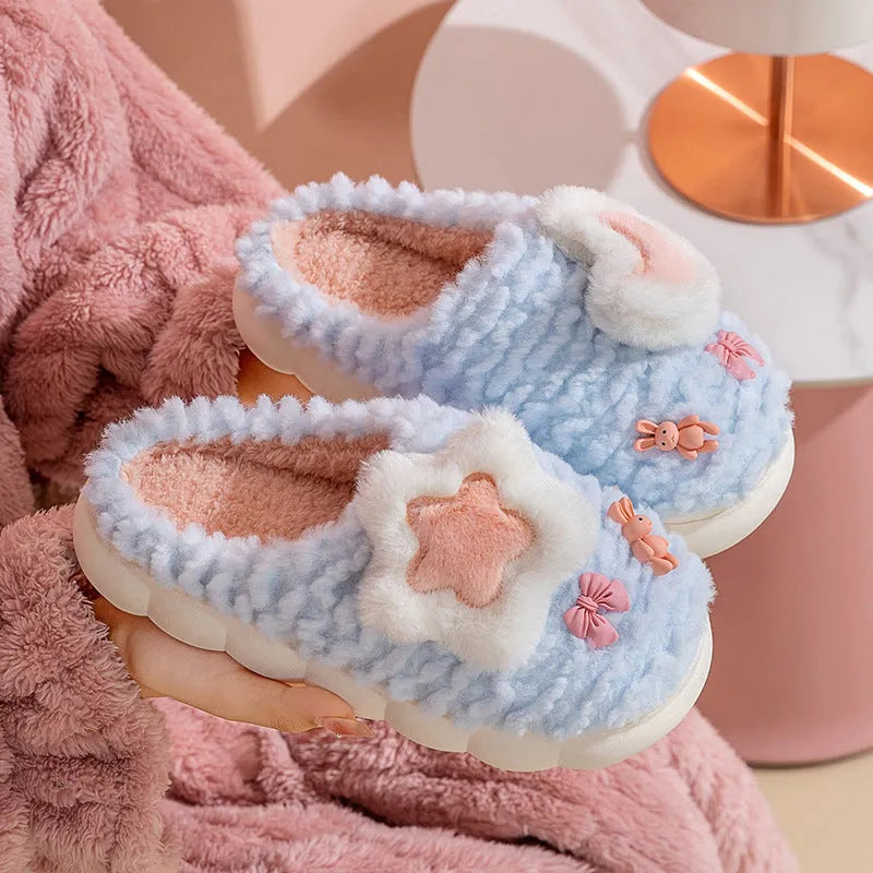 Light blue women's fleece-lined slippers with animal pattern, round toe, and thick sole.