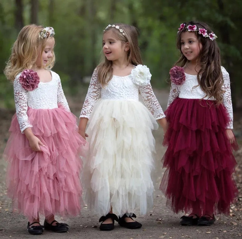 Girls white princess dress with lace sleeves and hollow pattern in cotton blend fabric