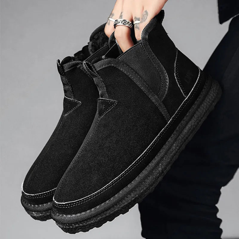 Winter fleece snow boots for men round toe ankle boots artificial PU PVC outsole black colour sleeve style