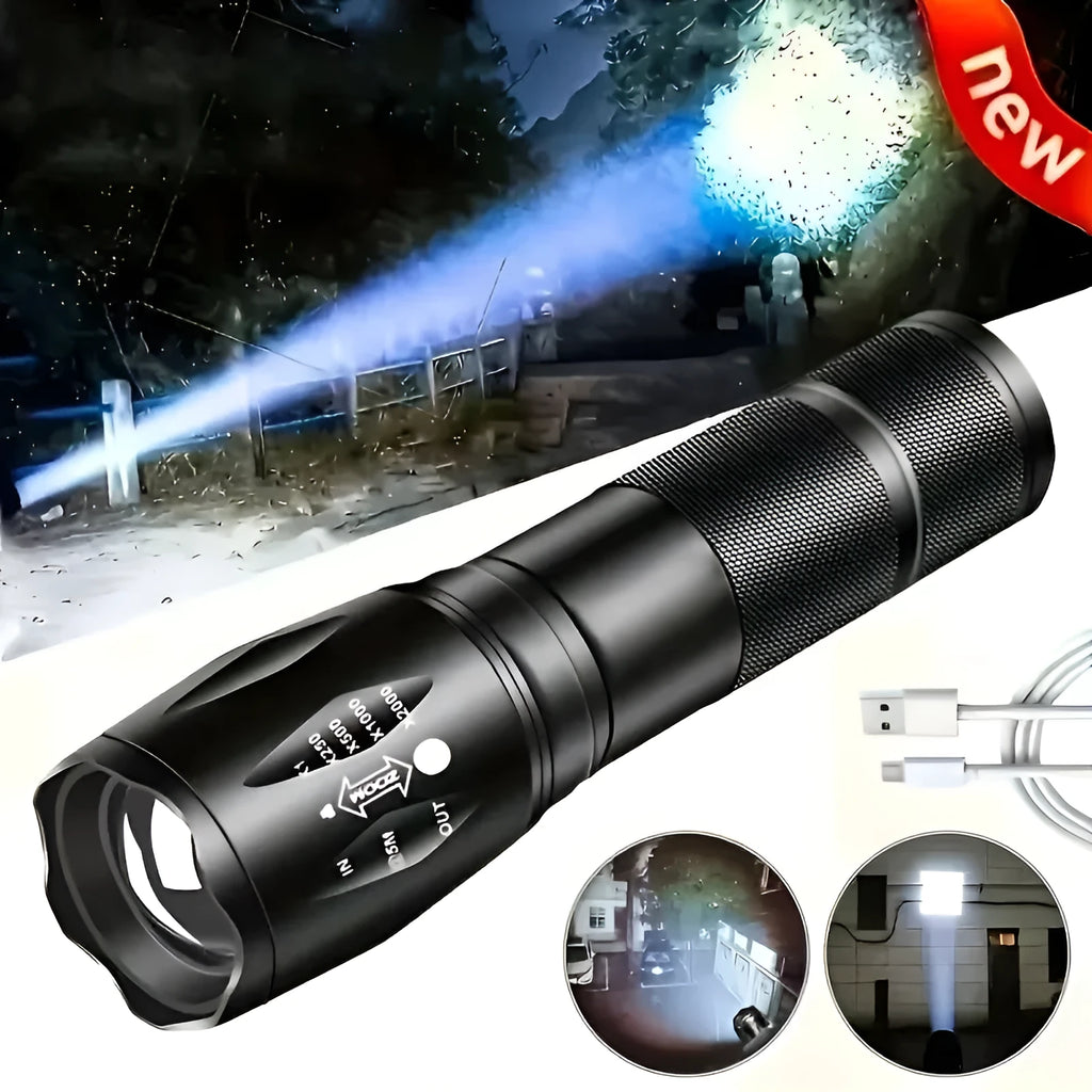 High power LED tactical flashlight with zoomable focus and five modes, black aluminium alloy body