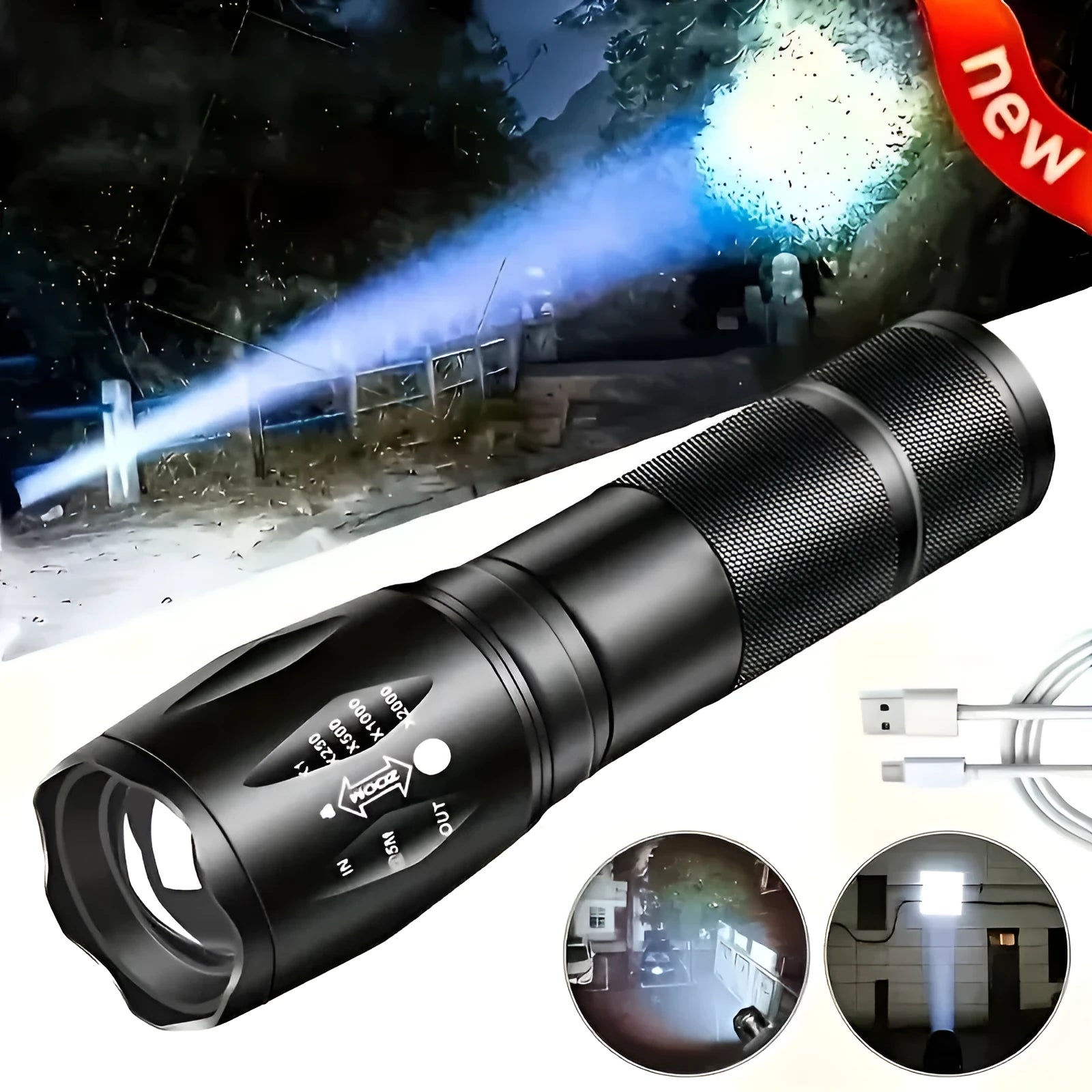 High power LED tactical flashlight with zoomable focus and five modes, black aluminium alloy body