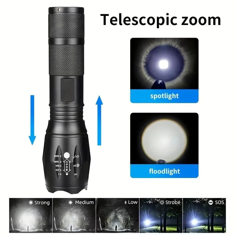 High power LED tactical flashlight with zoomable focus and five modes, black aluminium alloy body