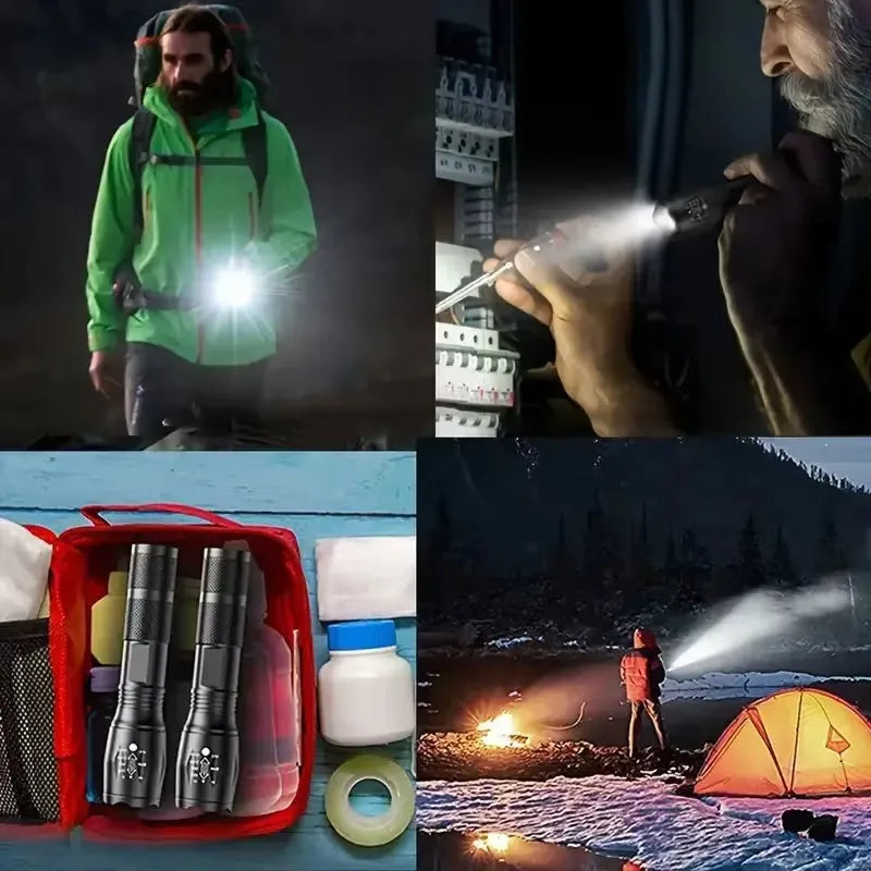 High power LED tactical flashlight with zoomable focus and five modes, black aluminium alloy body
