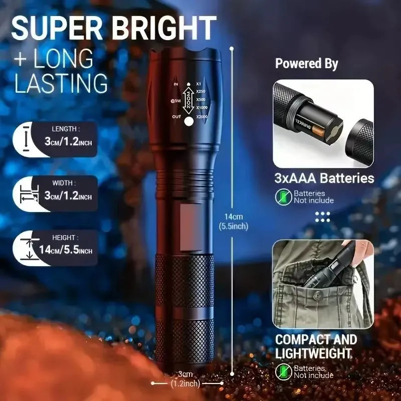 High power LED tactical flashlight with zoomable focus and five modes, black aluminium alloy body