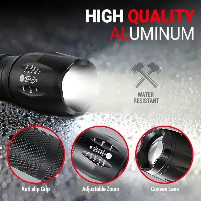 High power LED tactical flashlight with zoomable focus and five modes, black aluminium alloy body