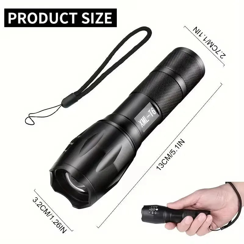 High power LED tactical flashlight with zoomable focus and five modes, black aluminium alloy body