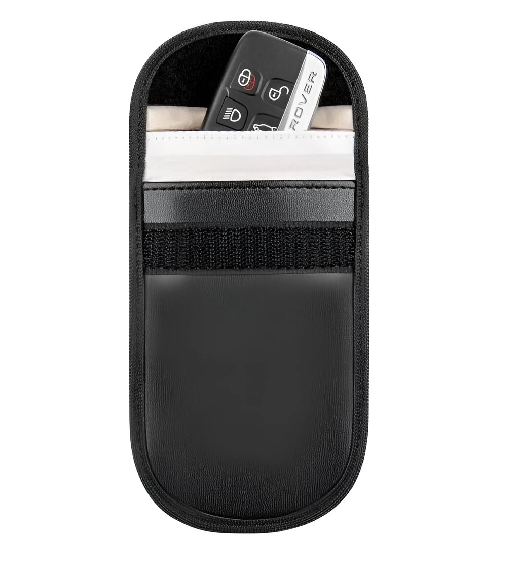 Black microfiber Faraday cage key fob bag for blocking mobile phone signals and RFID scanning