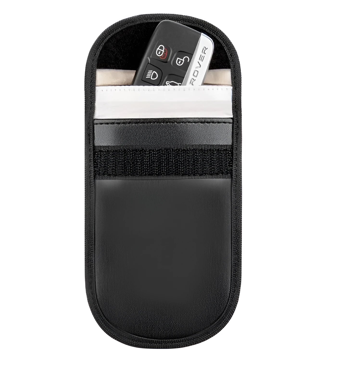 Black microfiber Faraday cage key fob bag for blocking mobile phone signals and RFID scanning