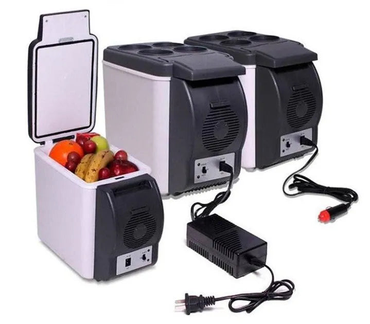 Black 6 litre portable mini fridge for car and home use with carry strap, cooling drinks inside