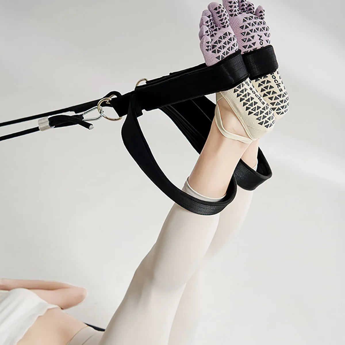 Grippy yoga socks for women and men, non-slip full toe, available in green, pink, purple, white, and black.