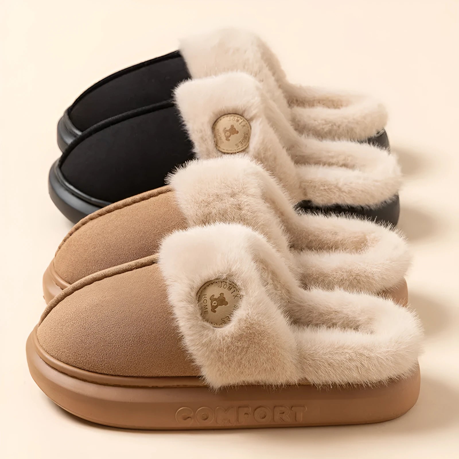 Plush fleece winter slippers with thick PVC soles in black, blue, brown, khaki or pink